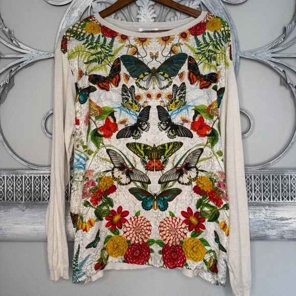 Johnny Was Cashmere Silk Butterfly Floral Print Sweater Cream Size M EUC - Picture 1 of 6